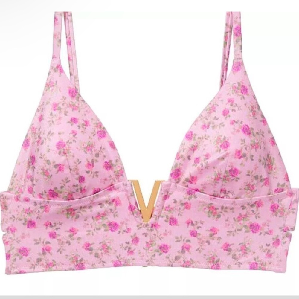 New! Victoria’s Secret Swim Gold Pink Floral V-Hardware Bikini Top 4608